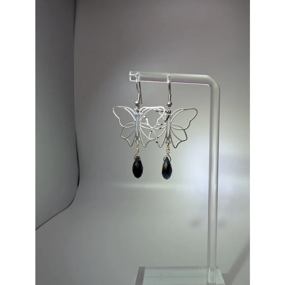 Butterfly Dangle Earrings, Stainless Steel Black Metallic Glass Teardrop Beads